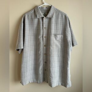 Island Shores Men’s XL Button Down Short Sleeve Casual Shirt Stripes Tan Brown